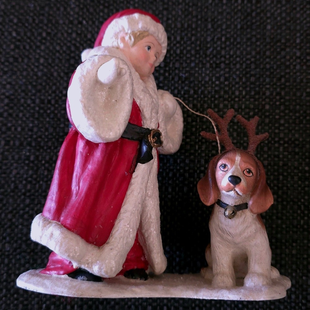 Bethany Lowe Designs Christmas Santa with Beagle Dog Reindeer Antlers Figurine
